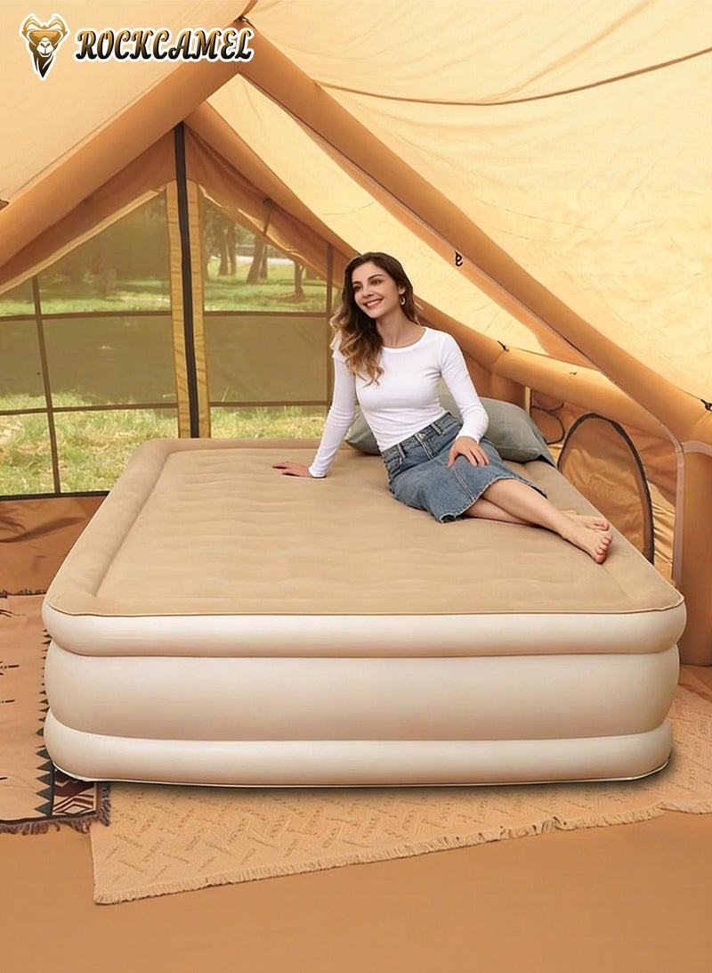 ROCKCAMEL Inflatable Mattress with Built-in Electric Pump, Portable Air Bed Sleeping Pad, 3 Layers Double Camping Air Bed Blow up Bed with Storage Bag for Camping Travel Home, Beige (205*152*48cm) - Image 2